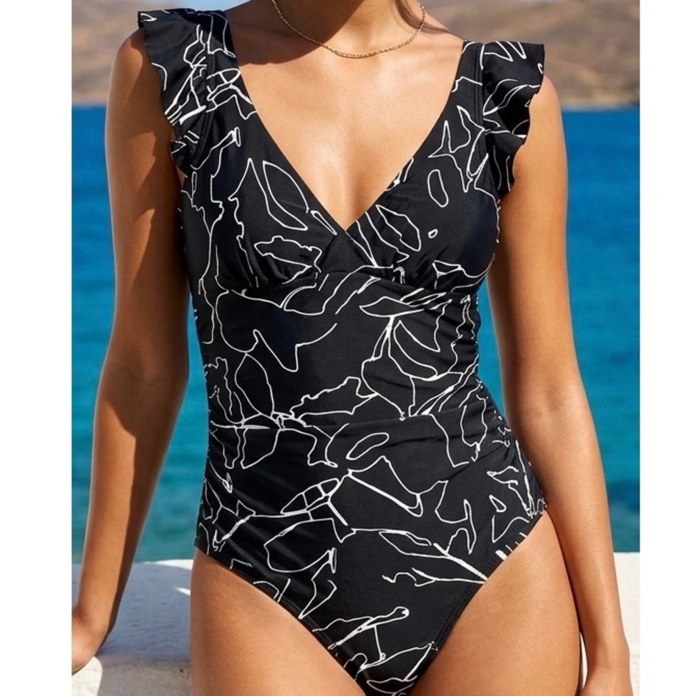 DKNY Medium One Piece Swimsuit Womens Black White Ruffle Shoulder DIMMS731